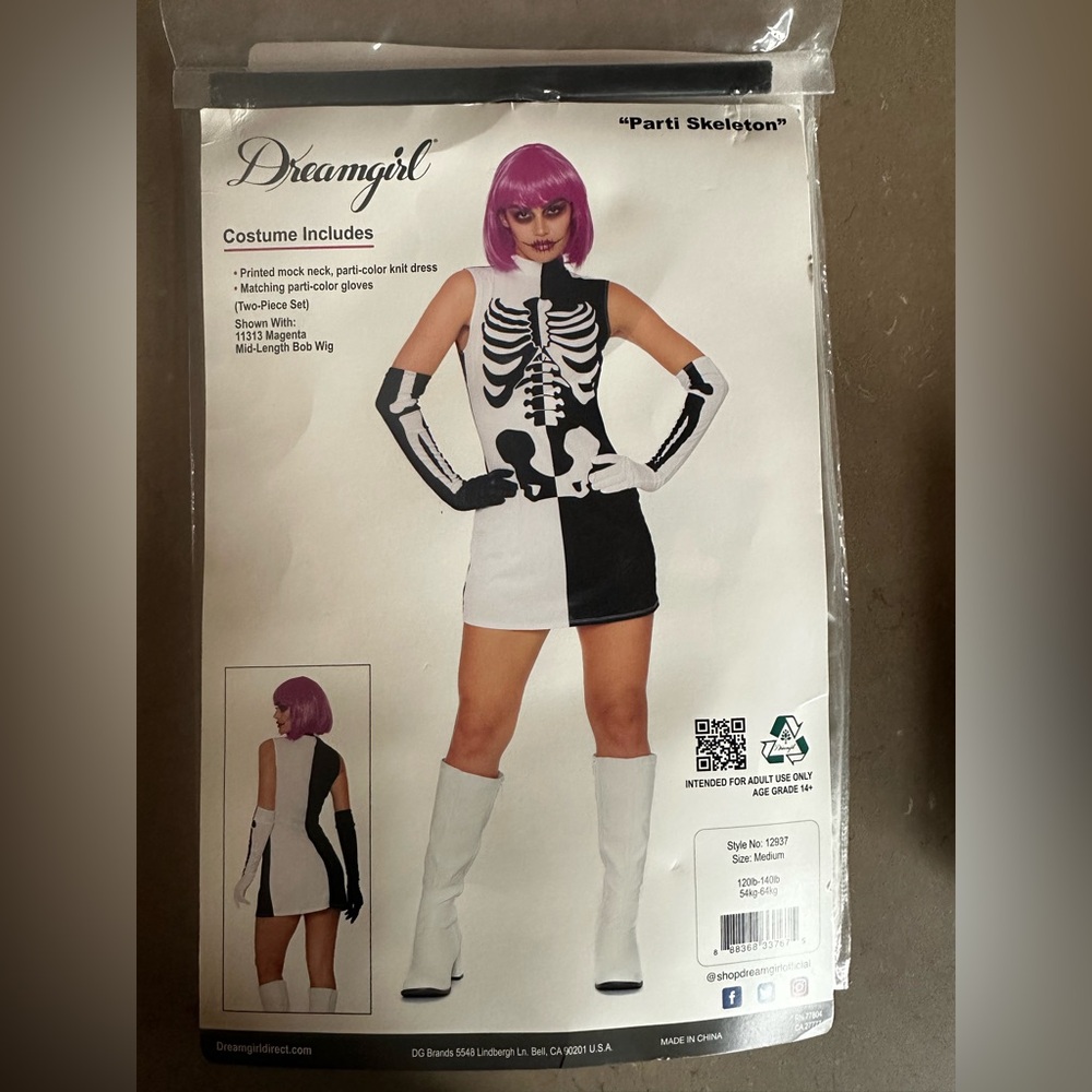 Dreamgirl Parti Skeleton Costume Dress and gloves NEW size M